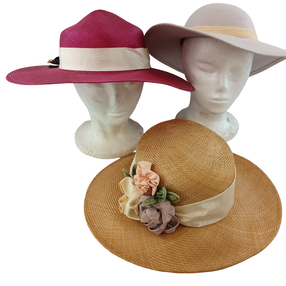 Lot of 3 VTG Liz Claiborne Wide Brim Straw & Felt Hats Fedora Floral Summer Hat